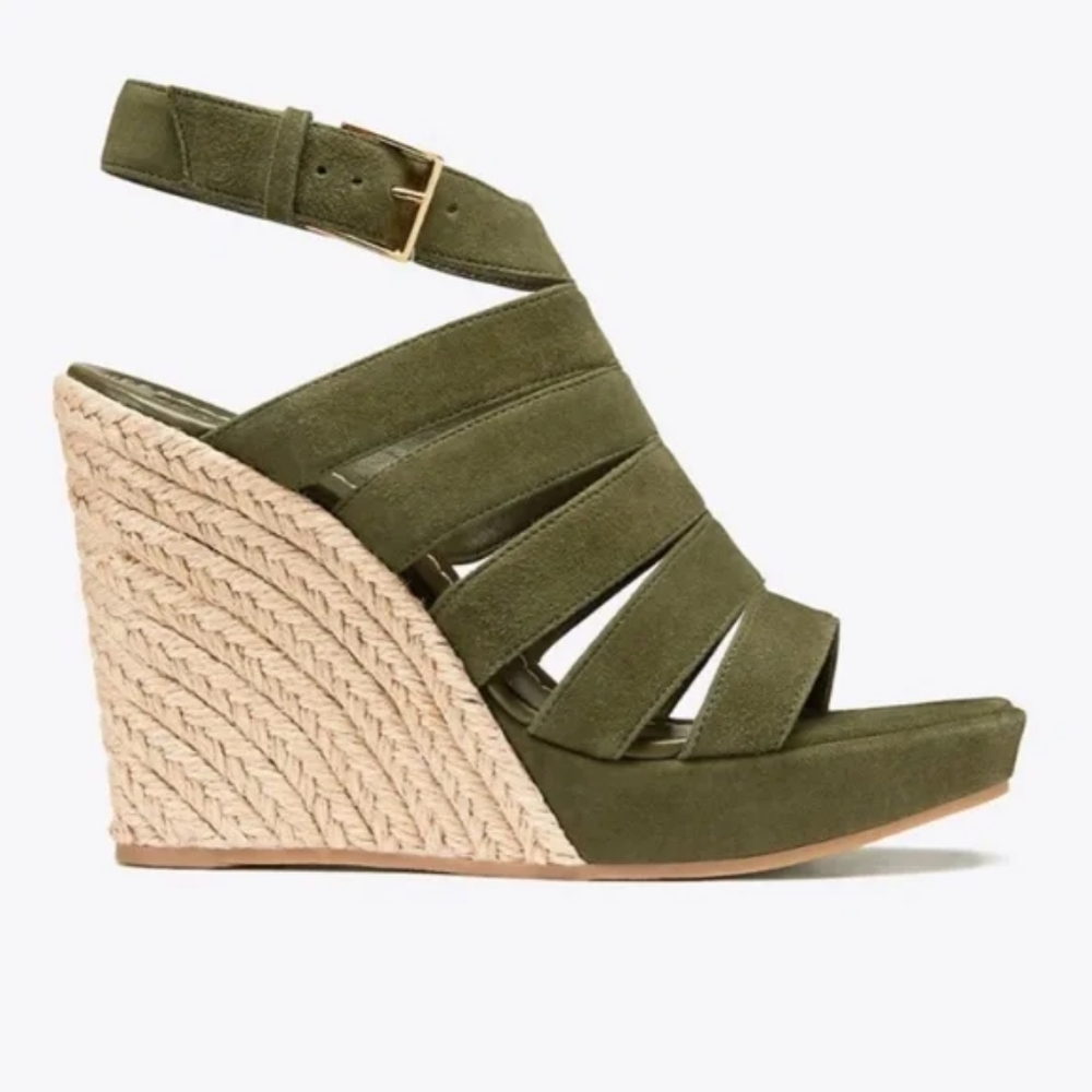 Tory Burch Bailey Suede Banana Leaf Green Wedge Espadrilles Size 7